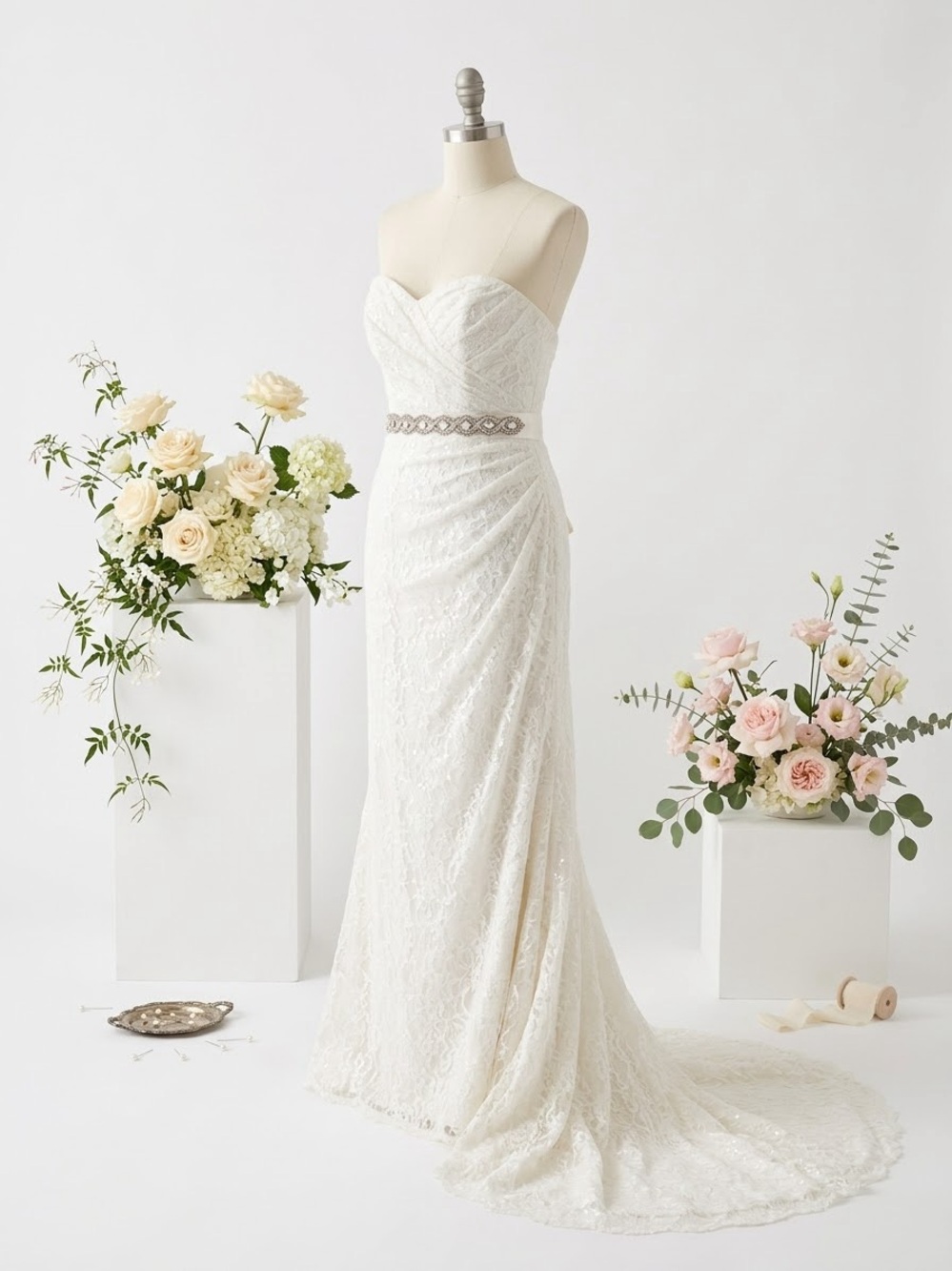 David's Bridal Ivory Lace Sweetheart Gown with Beaded Waist